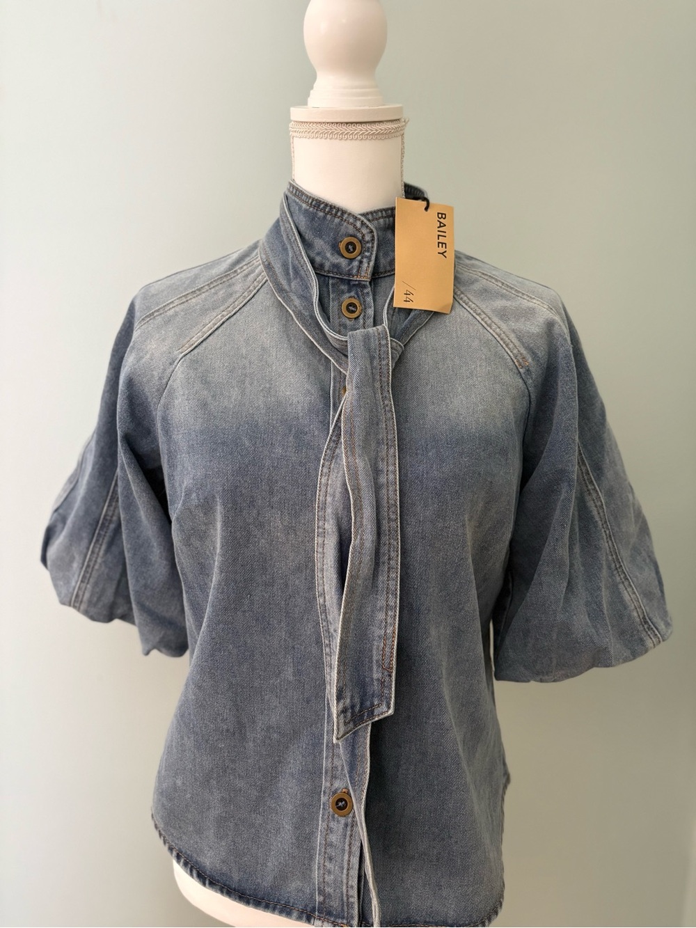 NWT Bailey44 Tie-Neck Puff Sleeve Denim Button-Down Shirt. Zimmerman Inspired. - Picture 5 of 13